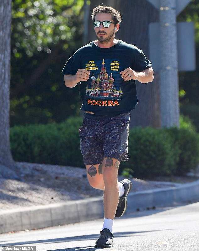 Shia LaBeouf rocks a Moscow Tshirt while staying in shape