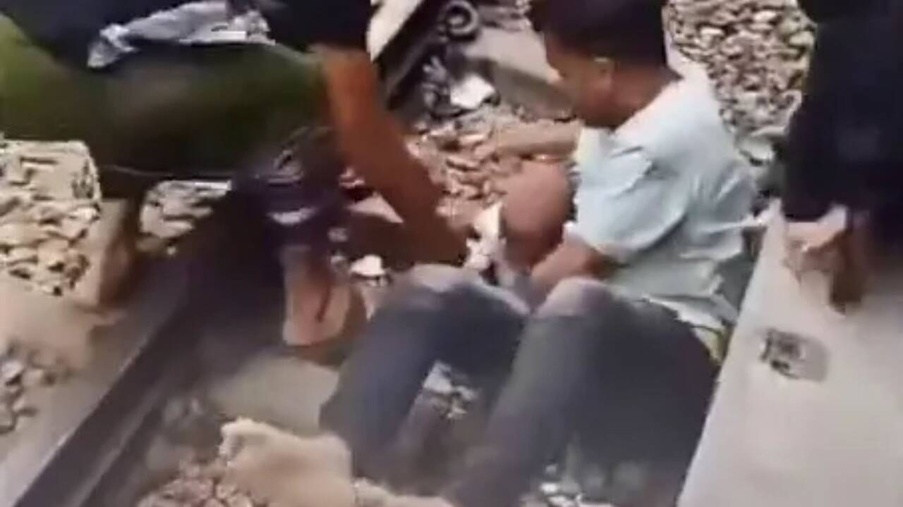 Shocking moment dad shields toddler on track as train hurtles over them after youngster fell off platform