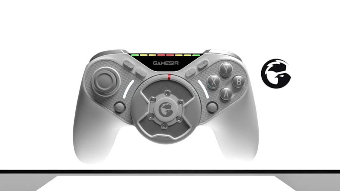 This game controller has a force feedback steering wheel lodged in the middle