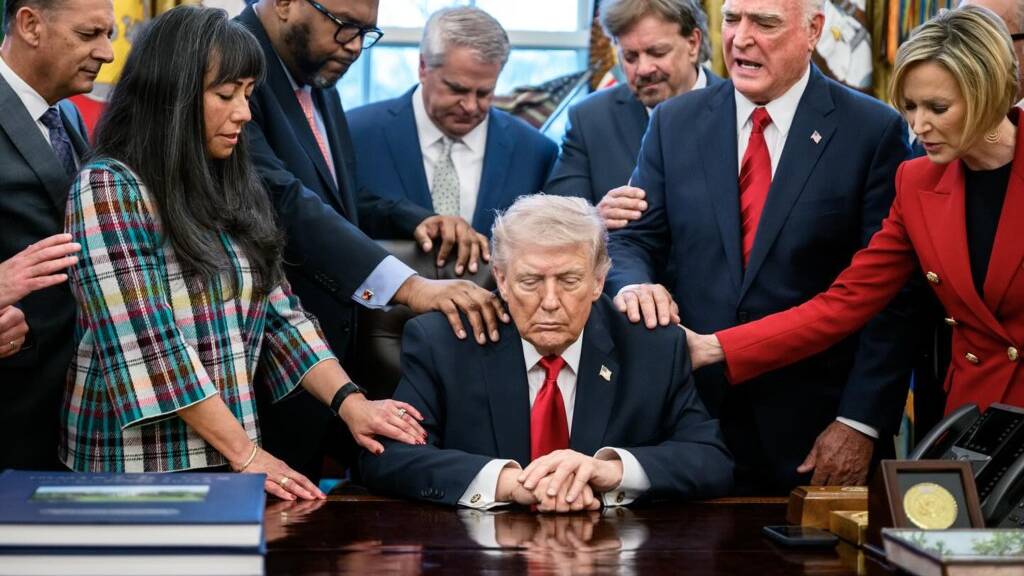 Moment Trump and pastors pray for safety of US forces fighting Iran as he demands regime&rsquo;s unconditional surrender